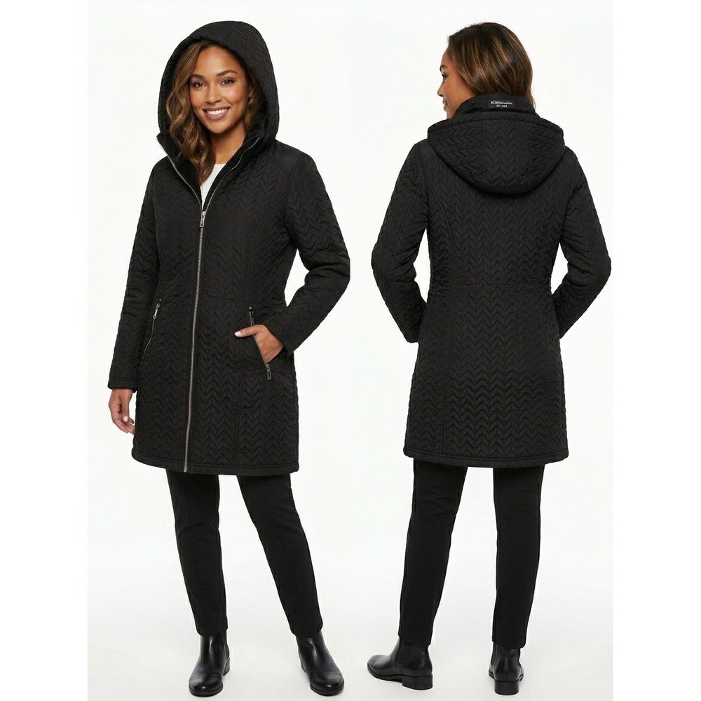BCBGeneration Black Quilted Chevron Hooded Parka Jacket Faux Shearling Lined M